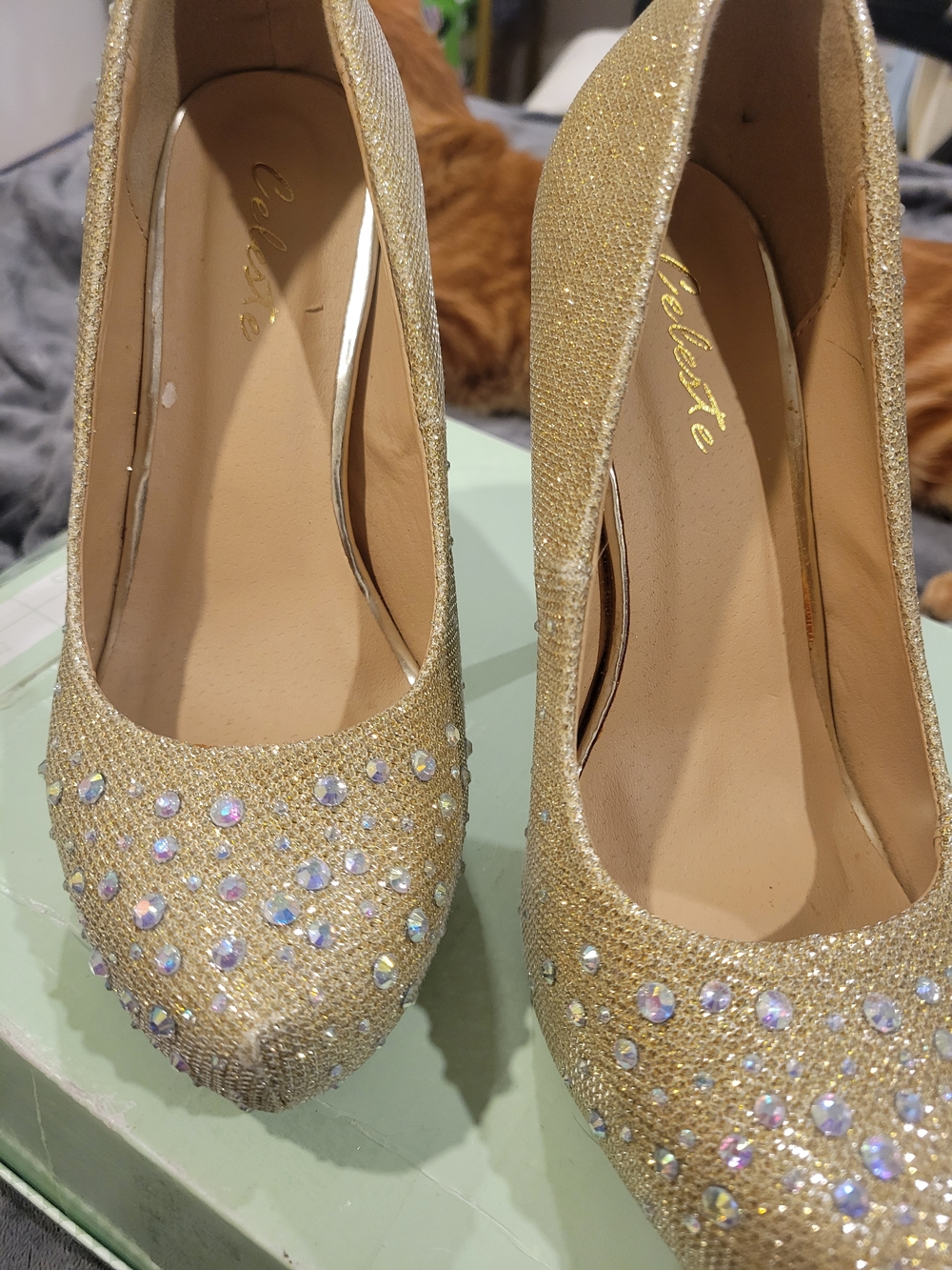 Celeste Gold Glitter Rhinestone Embellished Women's Heels